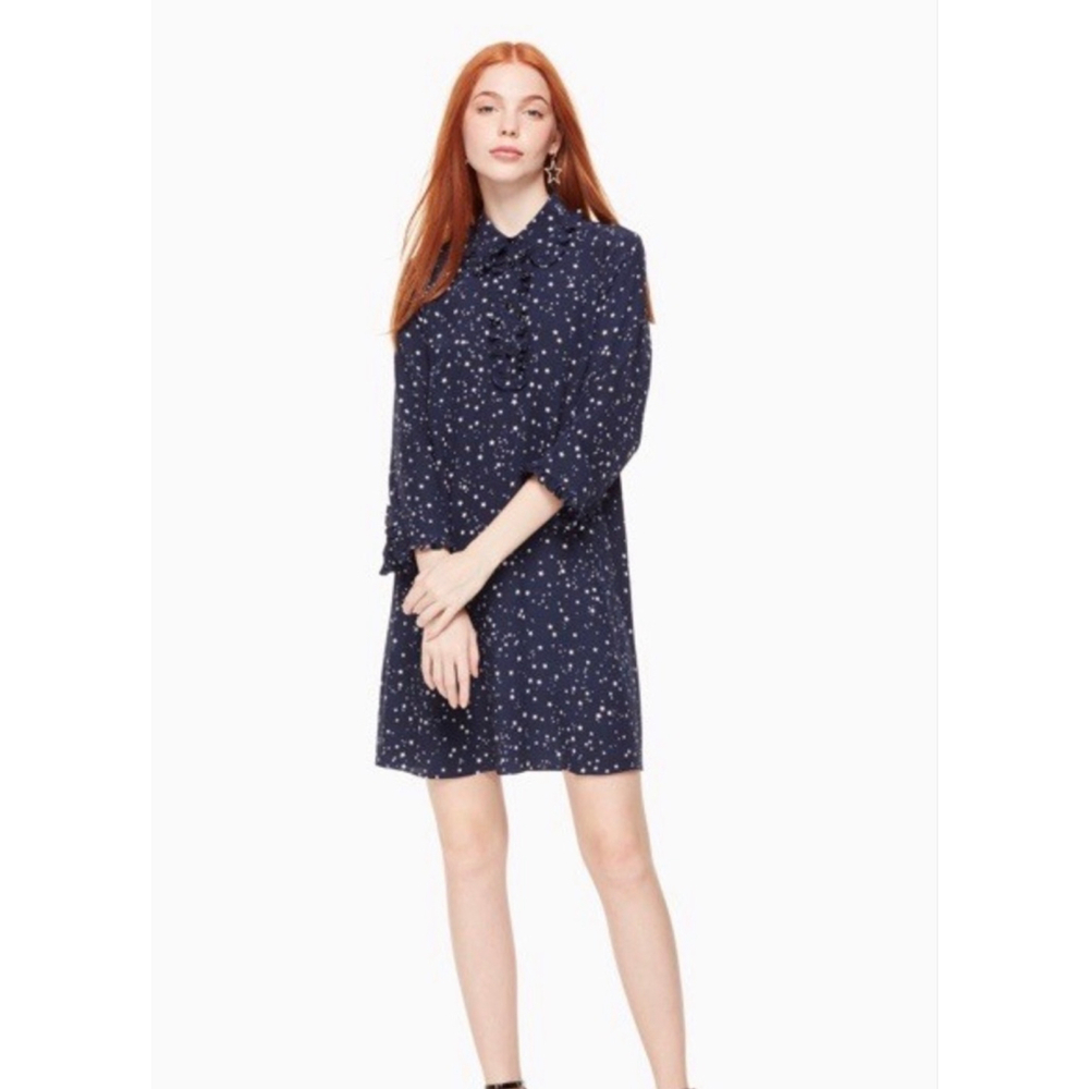 Kate Spade Night Sky Silk Navy Star Print Mini Shirt Dress L